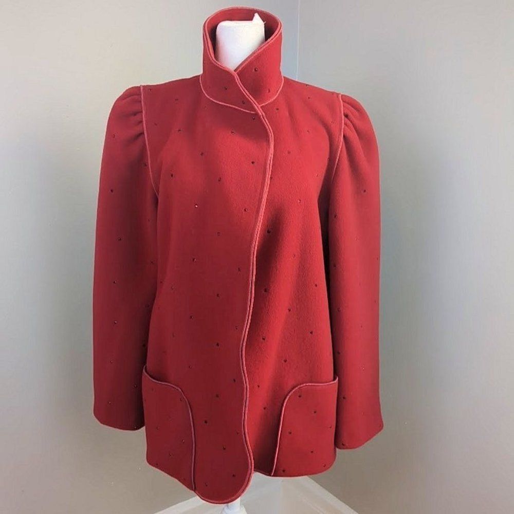 Vintage 1970s Mrs. H Winter Wool Coat Red Rhinestones Pockets Cottage Puff 4